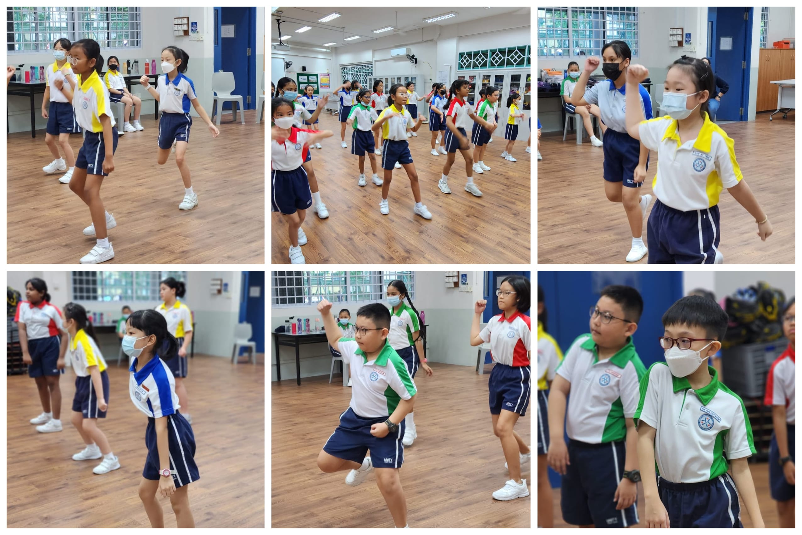 Six photos of masked schoolchildren in uniforms practicing dance or exercise moves inside a classroom with wooden floors.